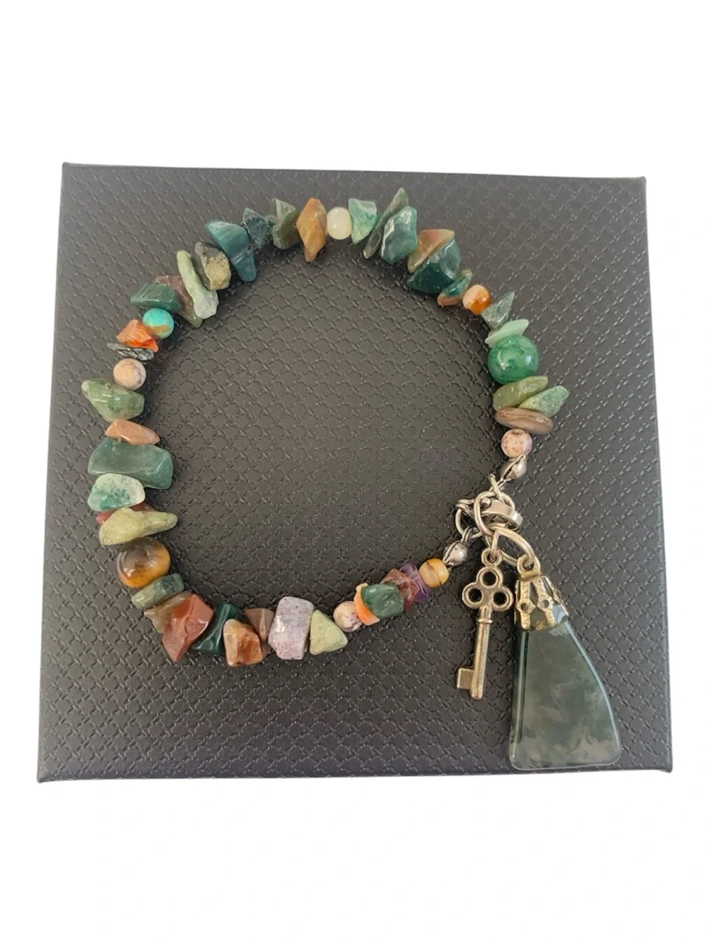 Multicolor Beaded Gemstone Charm Bracelet with Moss Agate Pendant